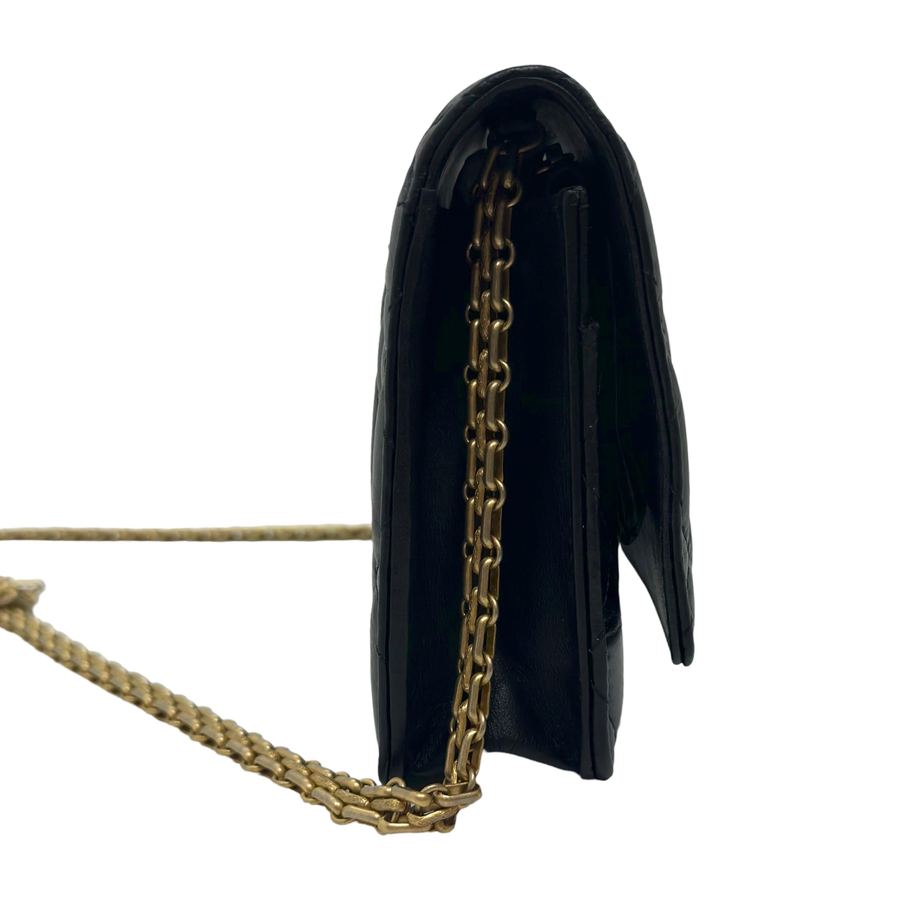 Chanel Aged Calfskin Quilted Lucky Charms 2.55 Reissue Wallet On Chain in black with aged gold hardware