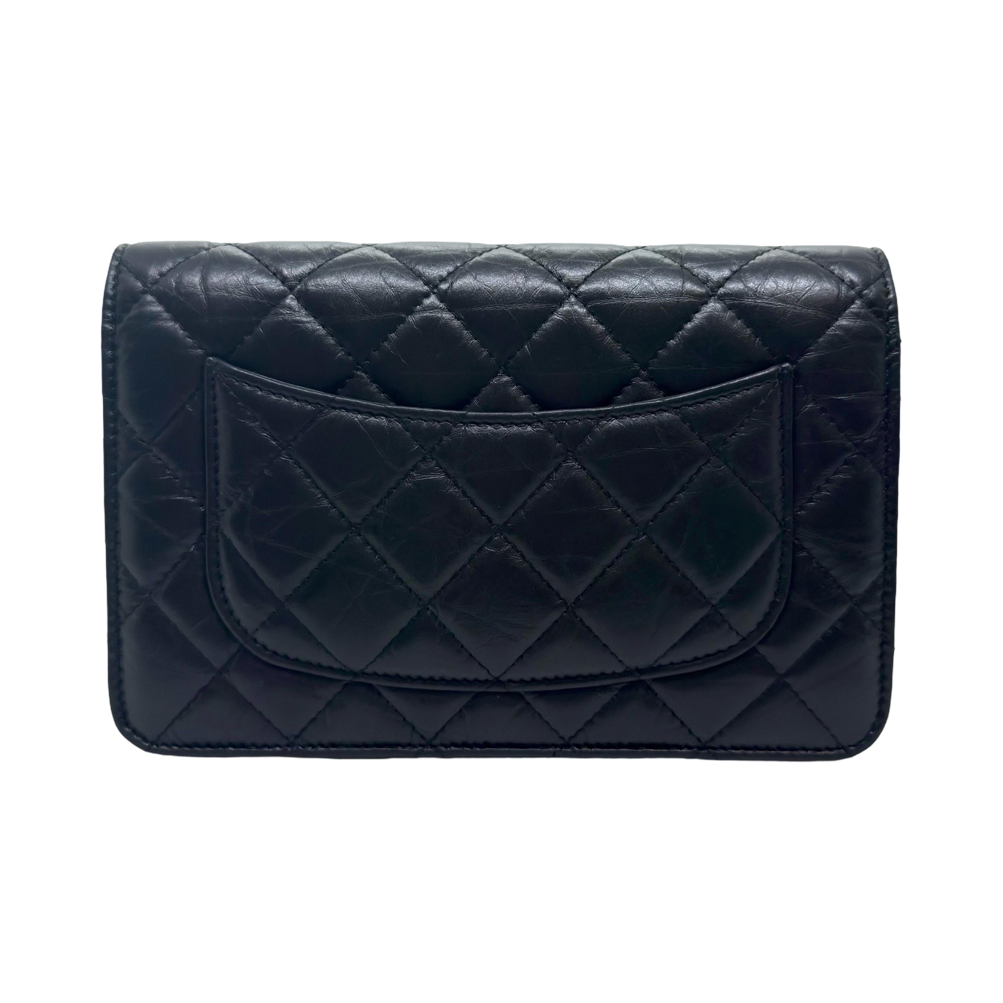 Chanel Aged Calfskin Quilted Lucky Charms 2.55 Reissue Wallet On Chain in black with aged gold hardware