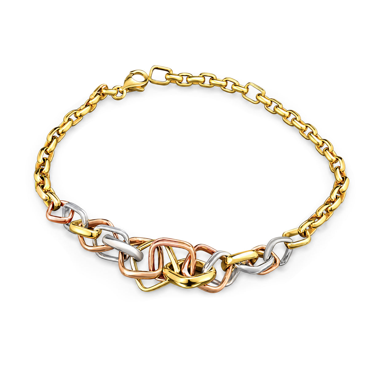 Cartier Trinity cushion-shaped bracelet in yellow, white, and rose gold.