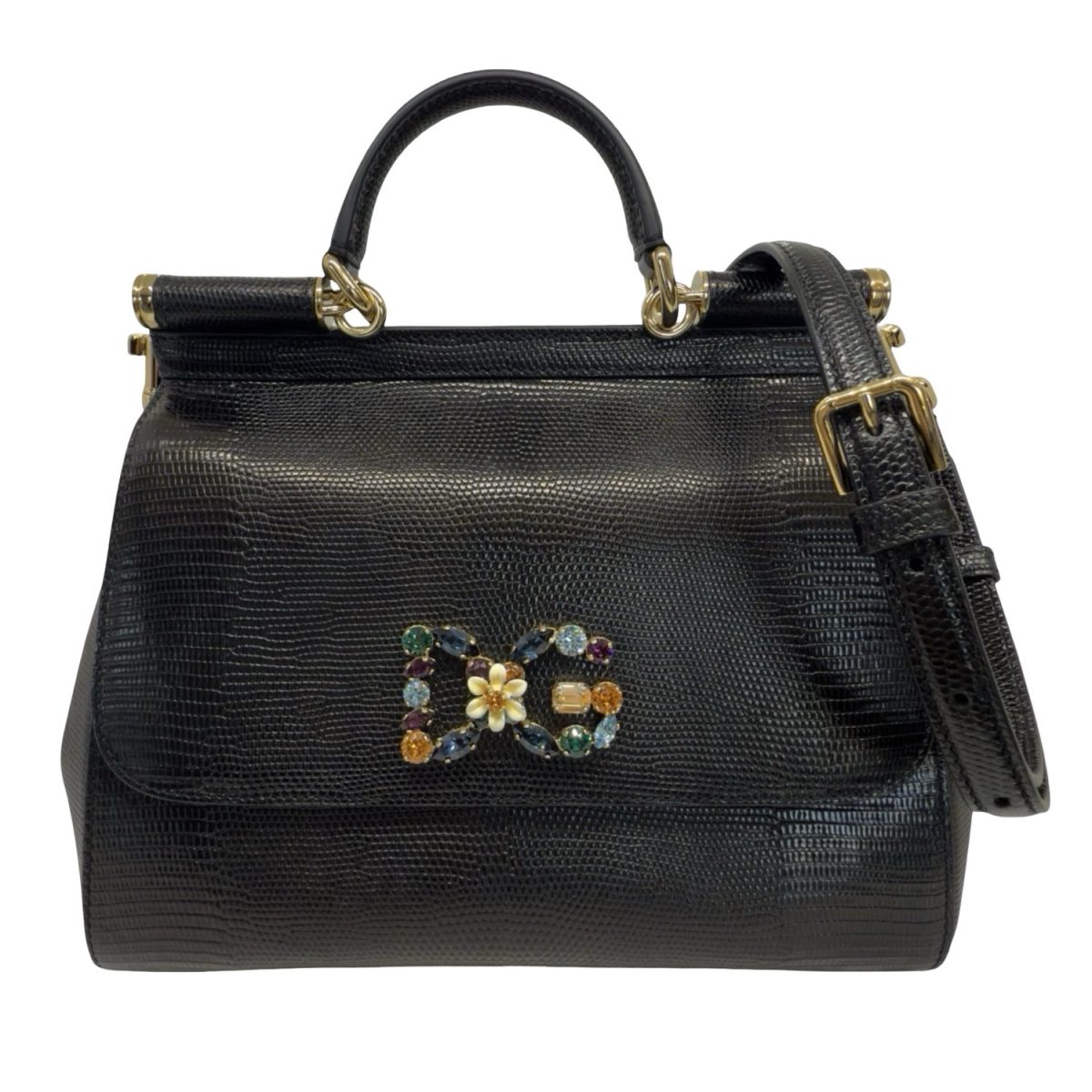 Dolce &Gabbana Black Lizard Embossed Leather Medium Sicily Top Handle Bag