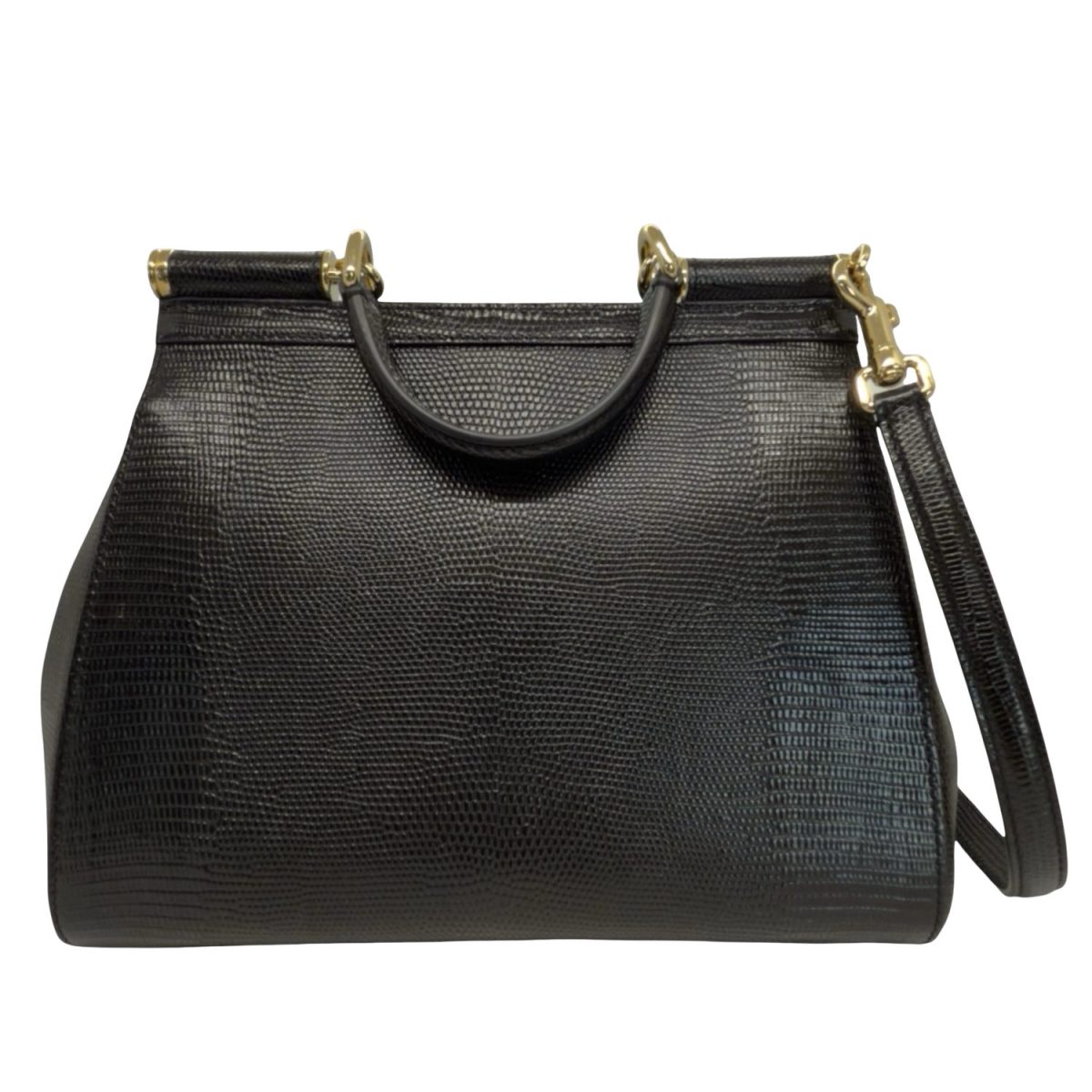 Dolce &Gabbana Black Lizard Embossed Leather Medium Sicily Top Handle Bag