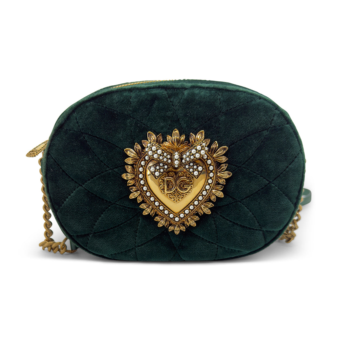 Dolce & Gabbana Devotion Camera Bag — Green Quilted Velvet