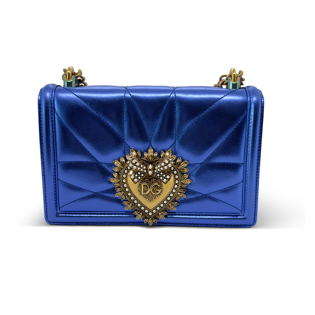 Dolce & Gabbana Medium Devotion Bag — Metallic Blue Quilted Nappa Leather