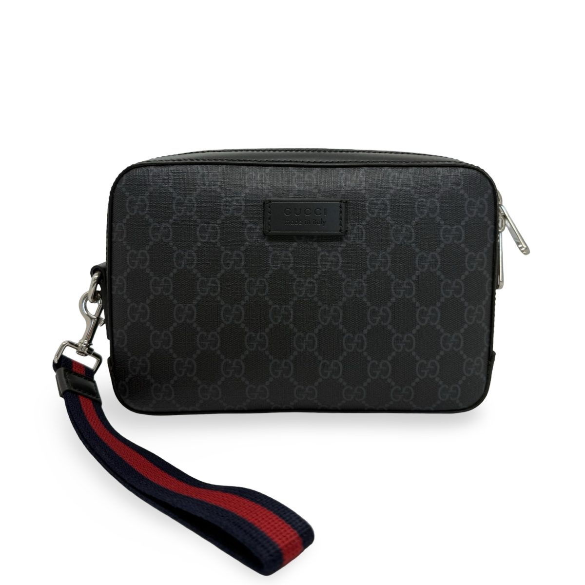 Gucci Black/Grey GG Supreme Canvas & Leather Wristlet Pouch