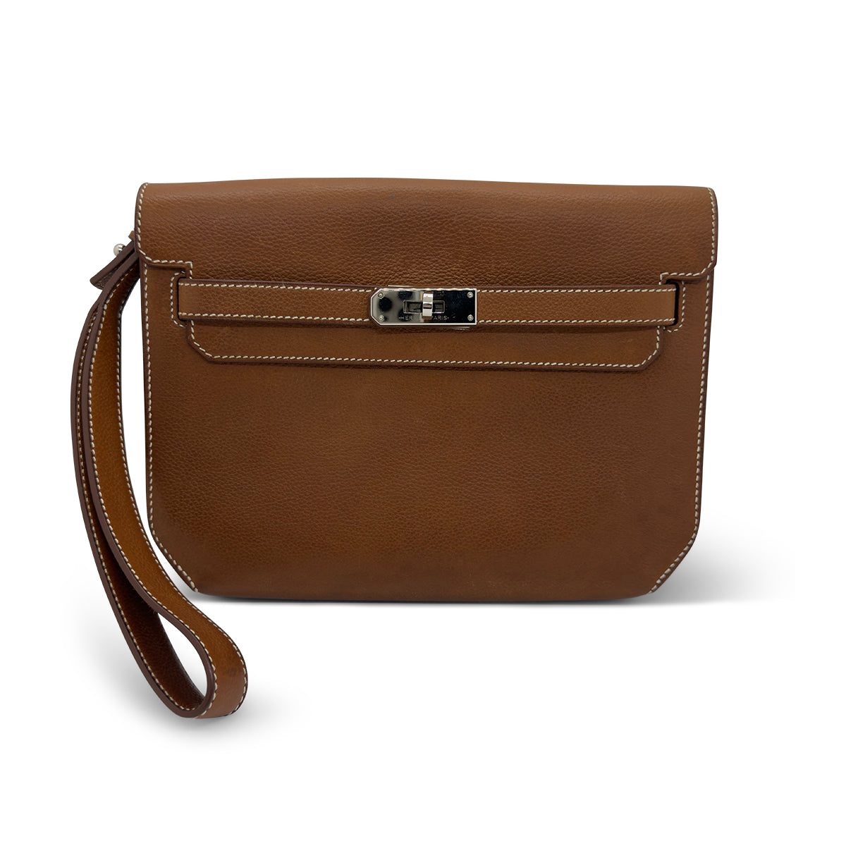 A brown pebbled leather clutch bag with a wristlet strap and a silver-toned turn-lock closure on the front flap, shown against a plain white background.