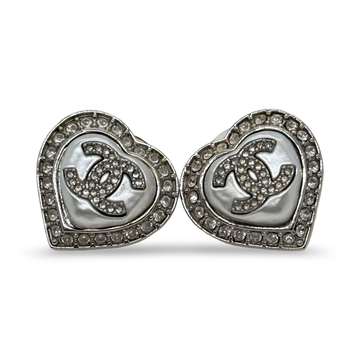 Chanel Pearl Crystal CC Heart Earrings in Silver