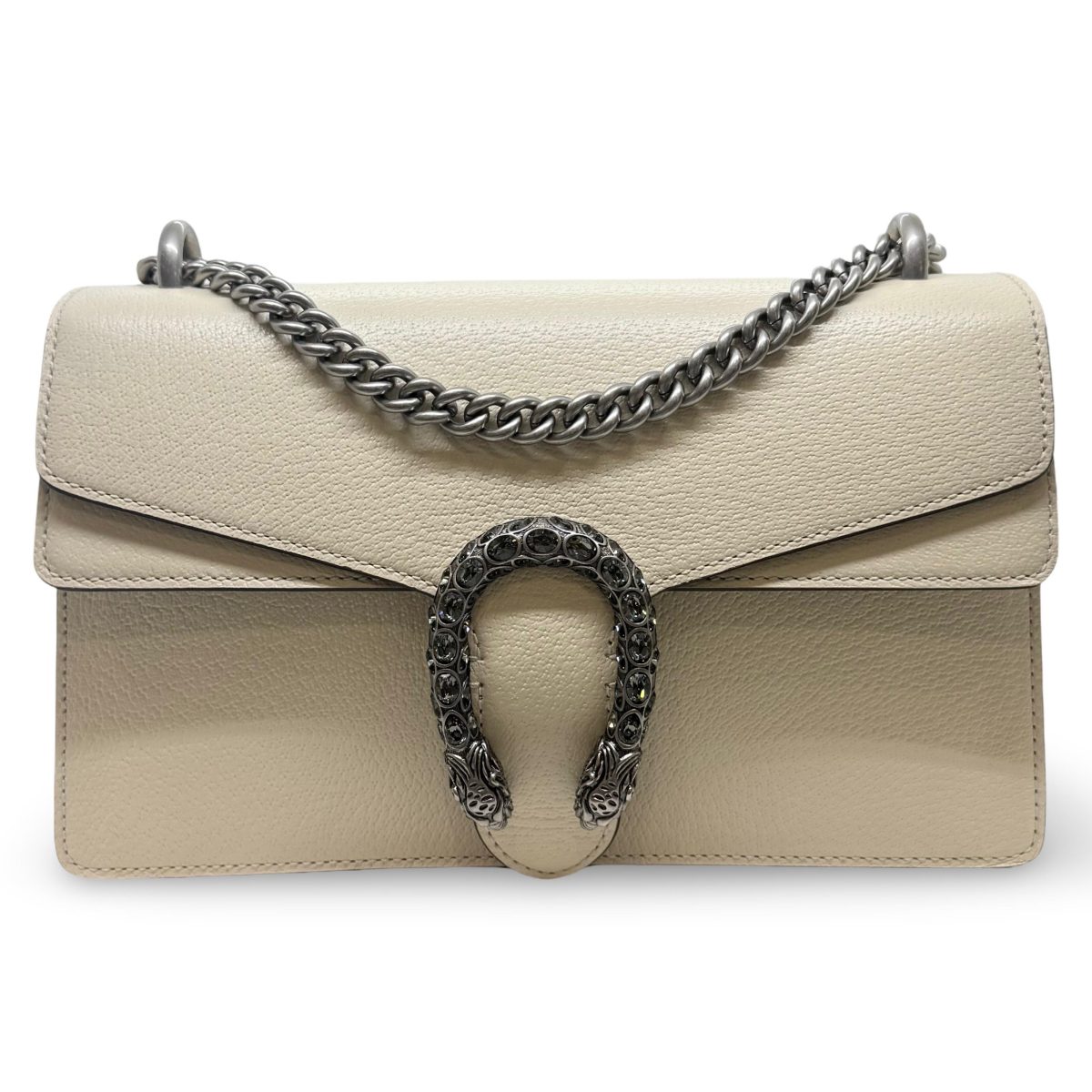 Gucci Dionysus small shoulder bag, cream leather, silver hardware, crystal tiger head