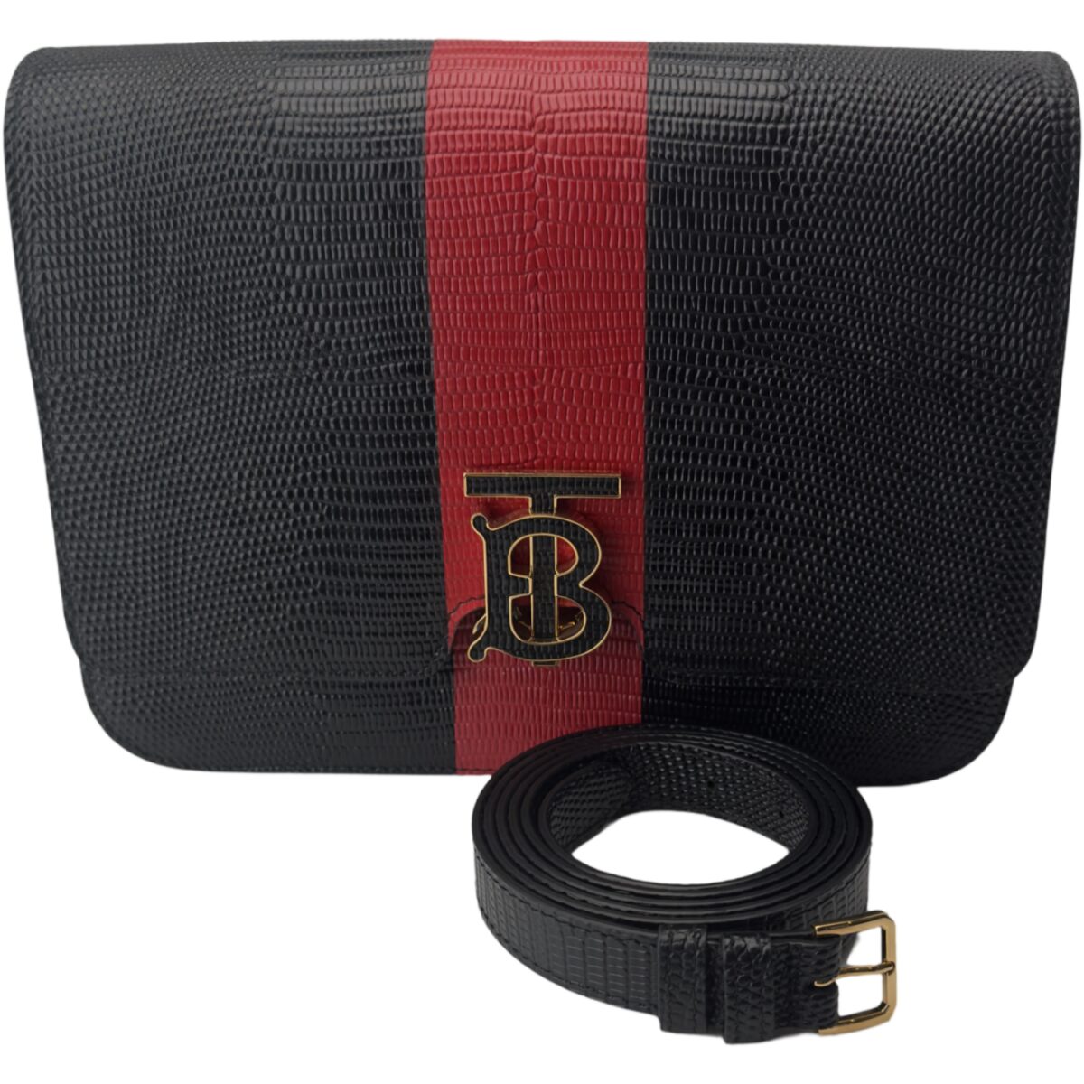 Burberry Black/Red Embossed Leather Medium TB Shoulder Bag