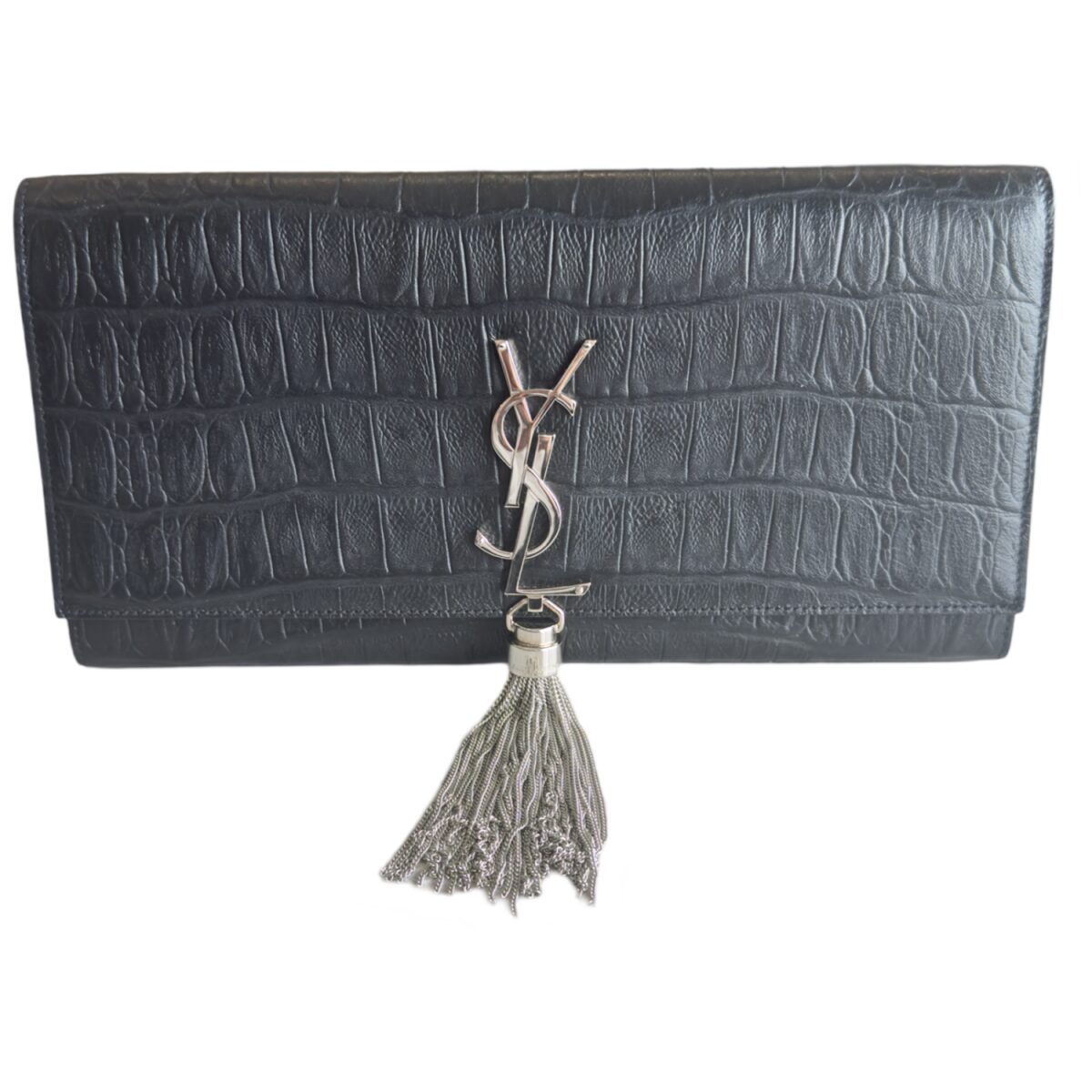 Saint Laurent Calfskin Crocodile Embossed Classic Monogram Tassel Clutch Black