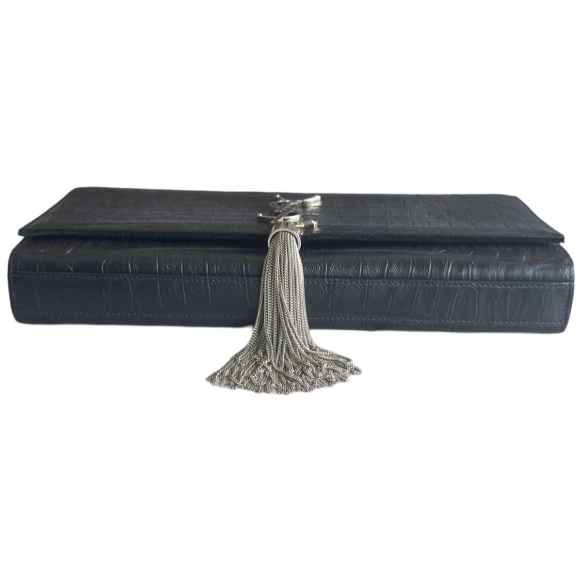 Saint Laurent Calfskin Crocodile Embossed Classic Monogram Tassel Clutch Black