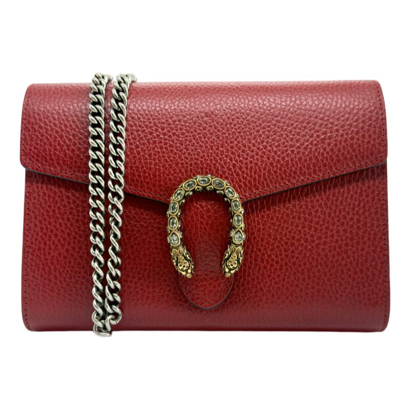 Gucci Red Pebbled Leather Dionysus Mini Wallet On Chain Bag