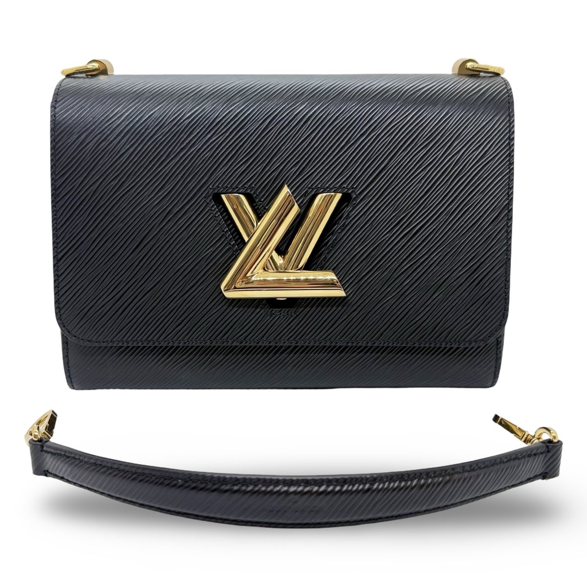 Louis Vuitton Twist MM in black Epi leather with a wide pink/beige textile strap