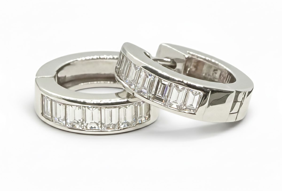 18KT White Gold Channel- Set Baguette Diamond Hoop Earrings