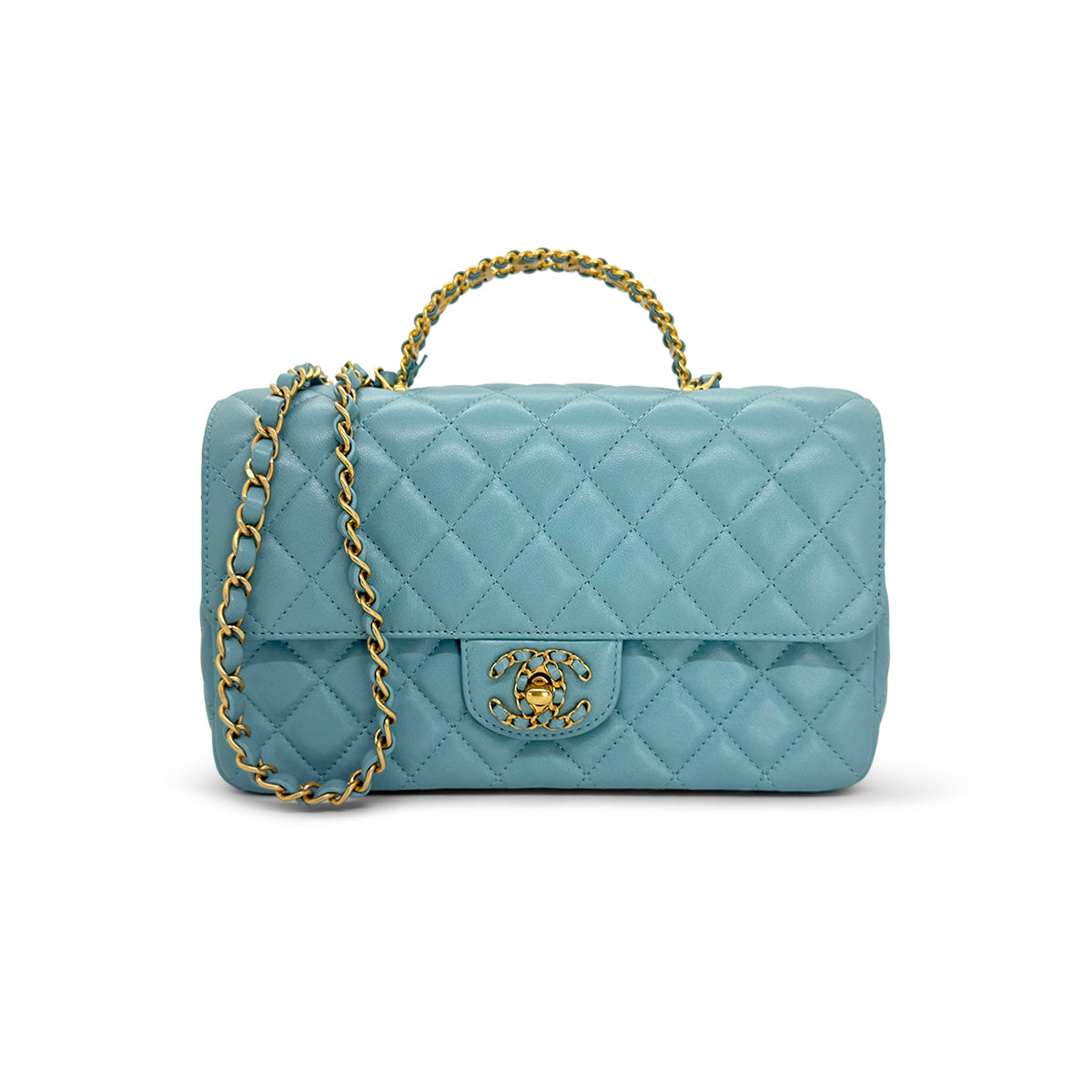 Chanel Blue Quilted Leather Mini Strass On Flap Top Handle Bag