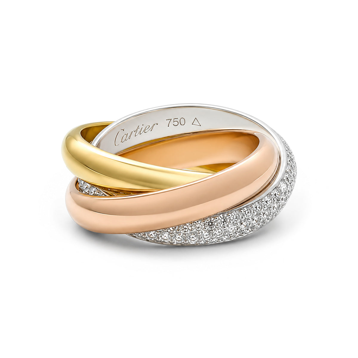 Cartier Trinity Tri-Color Gold and Diamond Ring, Size 51