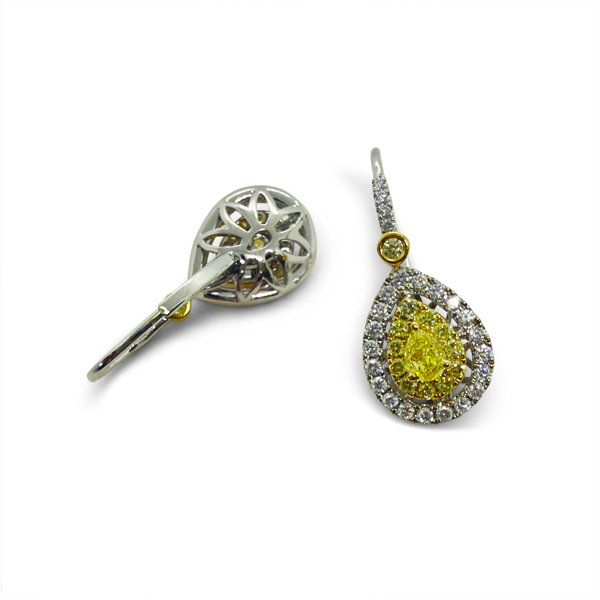 Authenticated 18KT white gold earrings with vivid fancy yellow natural diamonds at D&D Luxury South Africa