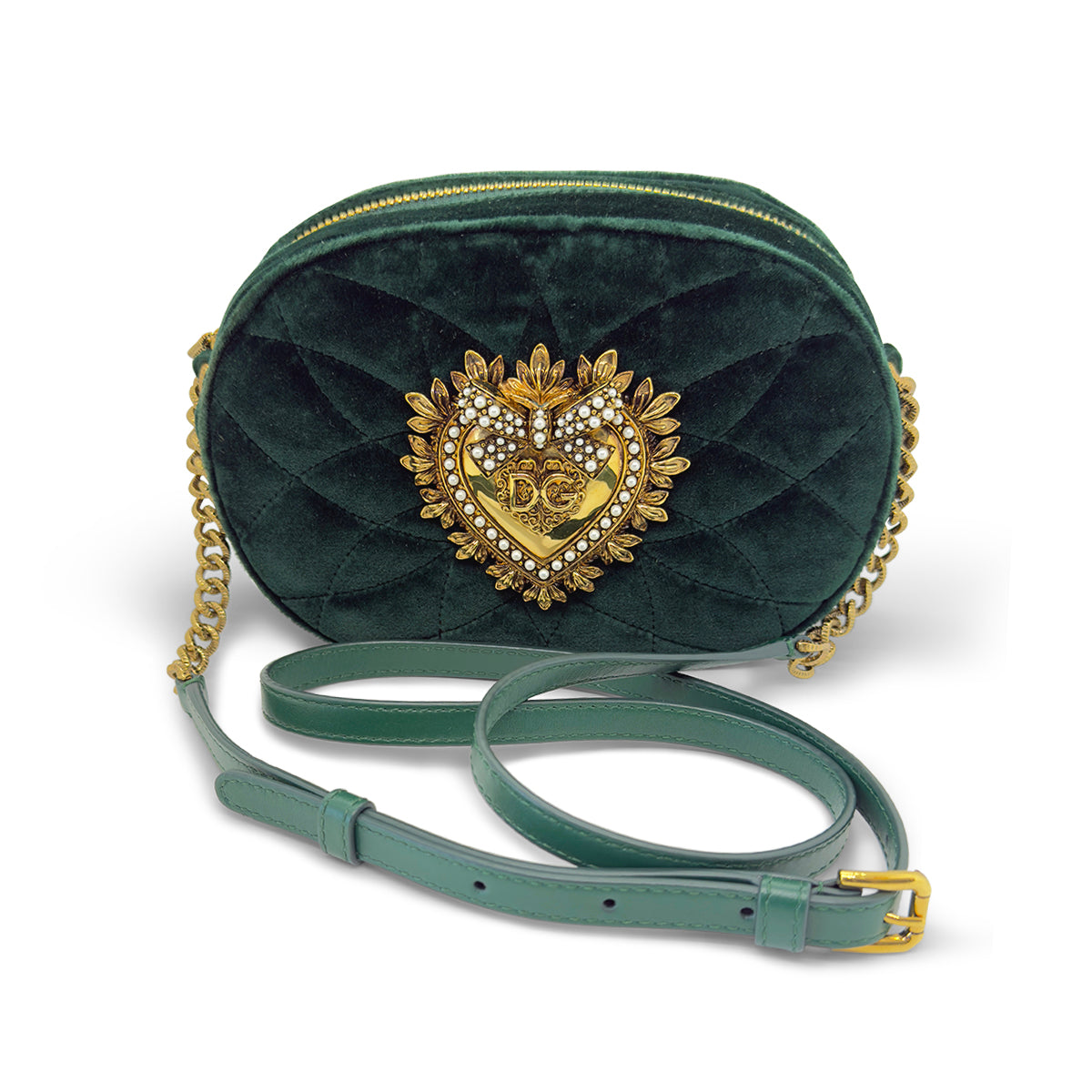 Dolce & Gabbana Devotion Camera Bag — Green Quilted Velvet