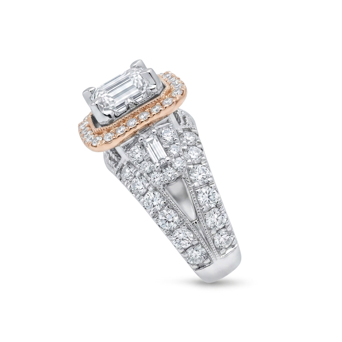 14Kt White Gold Emerald-Cut Halo Engagement Ring