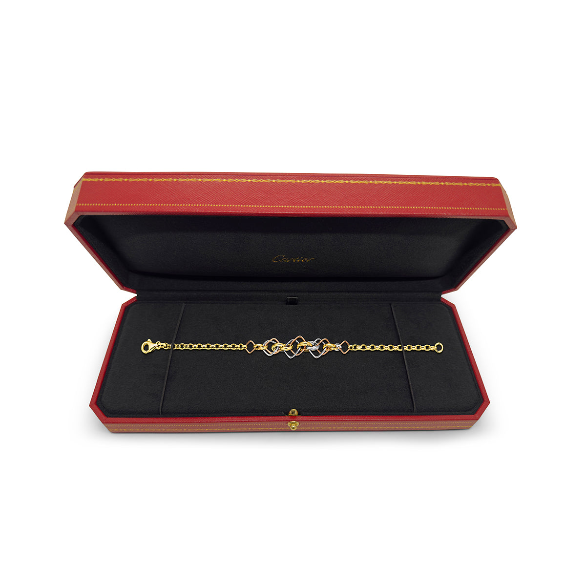 Cartier Trinity cushion-shaped bracelet in yellow, white, and rose gold.