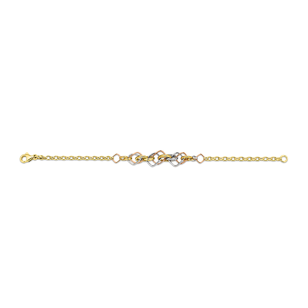 Cartier Trinity cushion-shaped bracelet in yellow, white, and rose gold.