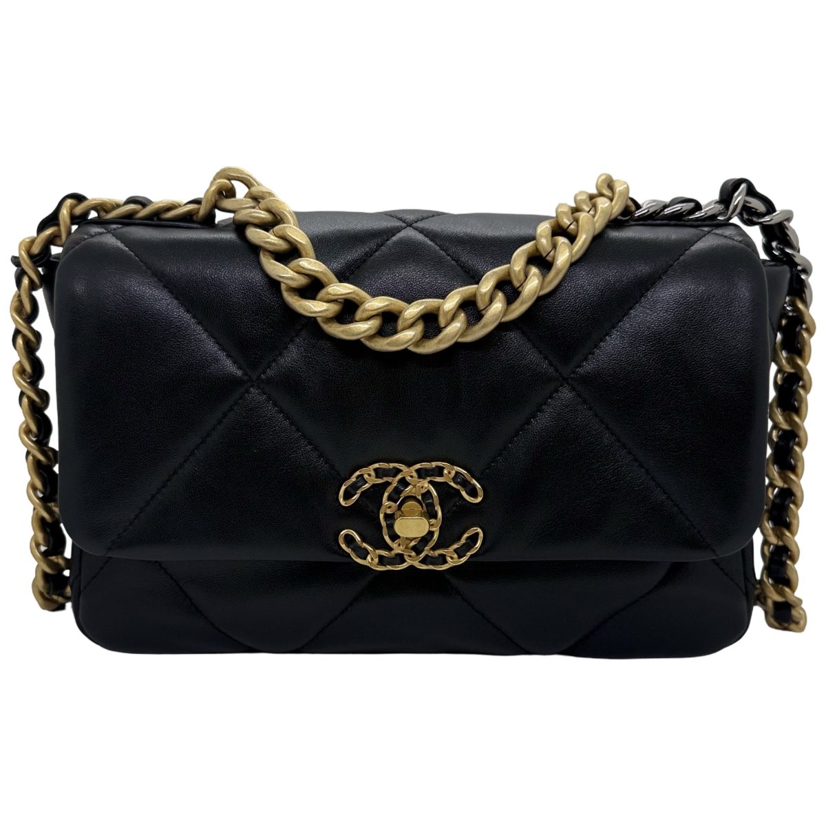 Chanel 19 flap bag in black lambskin leather with mixed metal hardware